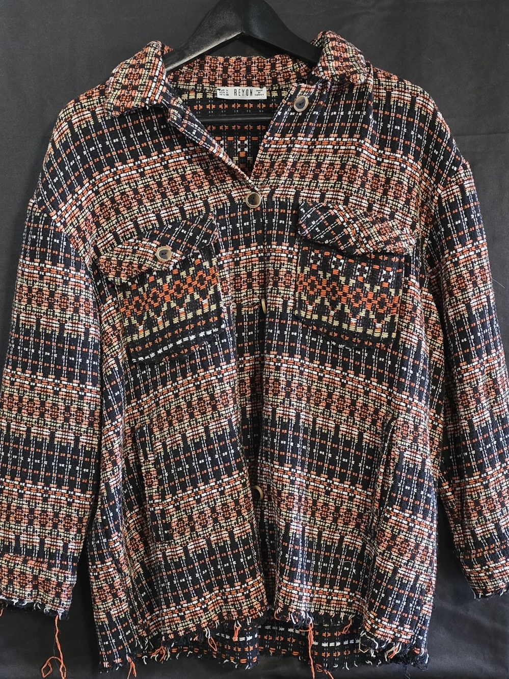 REYON Plaid Tweed Frayed Hem Overshirt Jacket